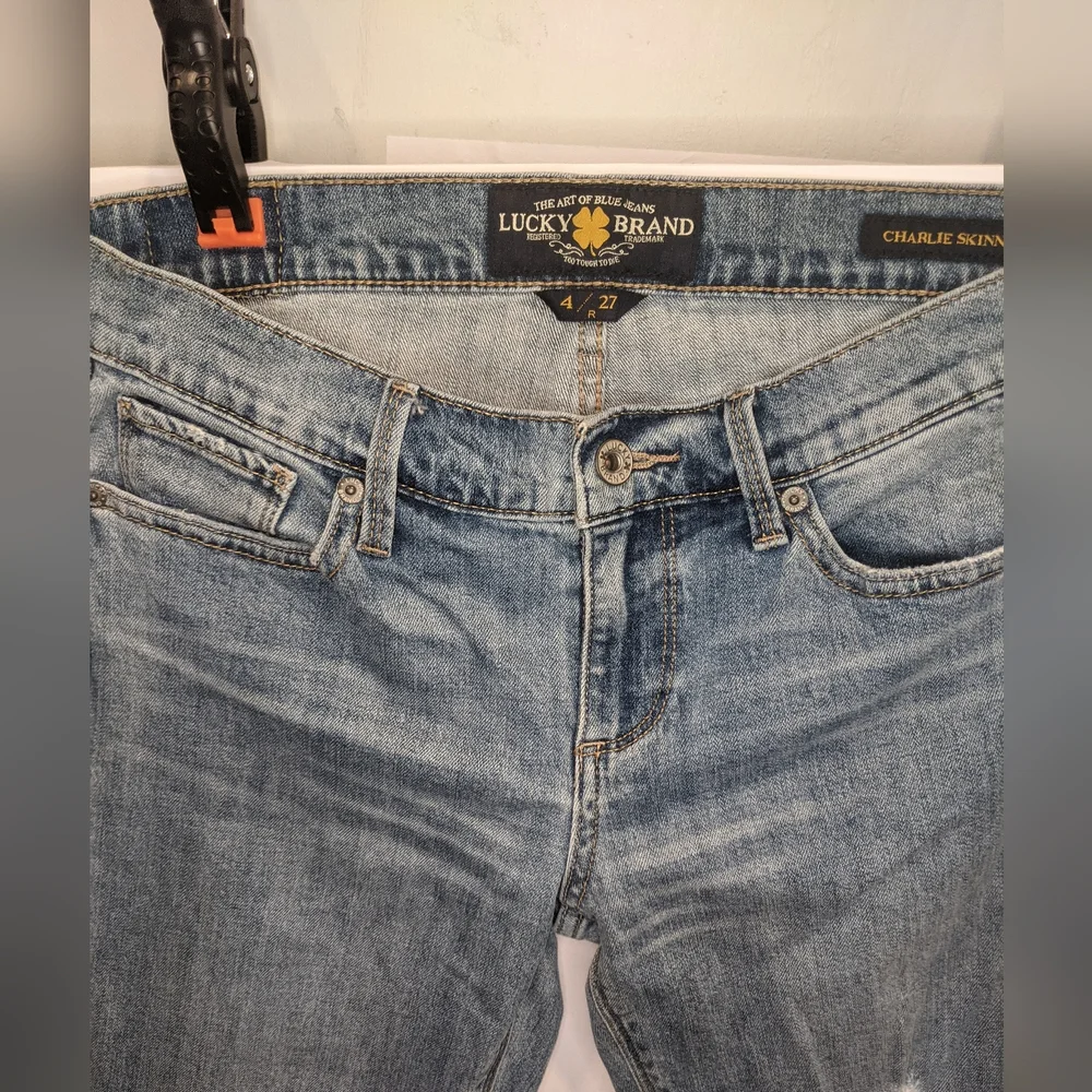 Lucky Brand 4/27 Charlie Skinny Jeans Floral Embroidered Raw Hem Distressed